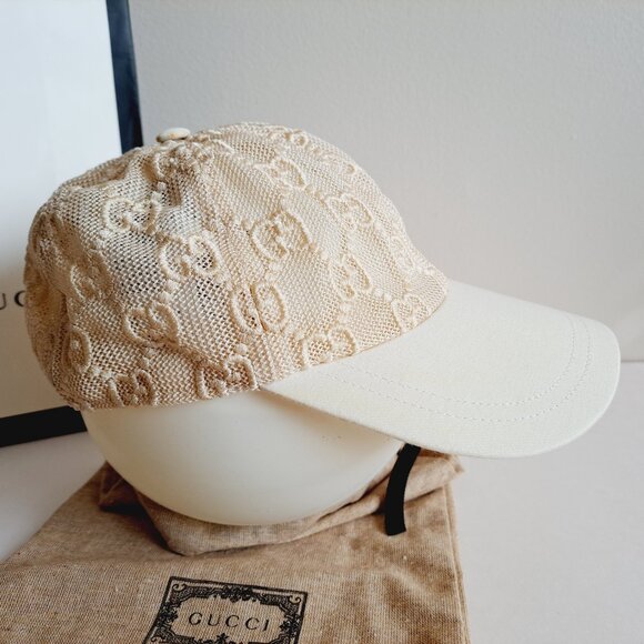 New Gucci Embroidered Mesh GG Monogram Cream Ivory Baseball Cap Size M main image 12